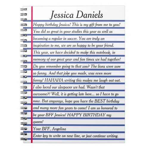 CUSTOMIZED LETTER MESSAGE lined paper italics text Notebook