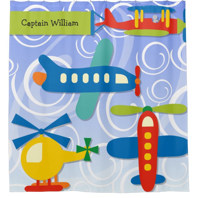 Customized Little Pilot Airplanes Aviation Shower Curtain (Front)