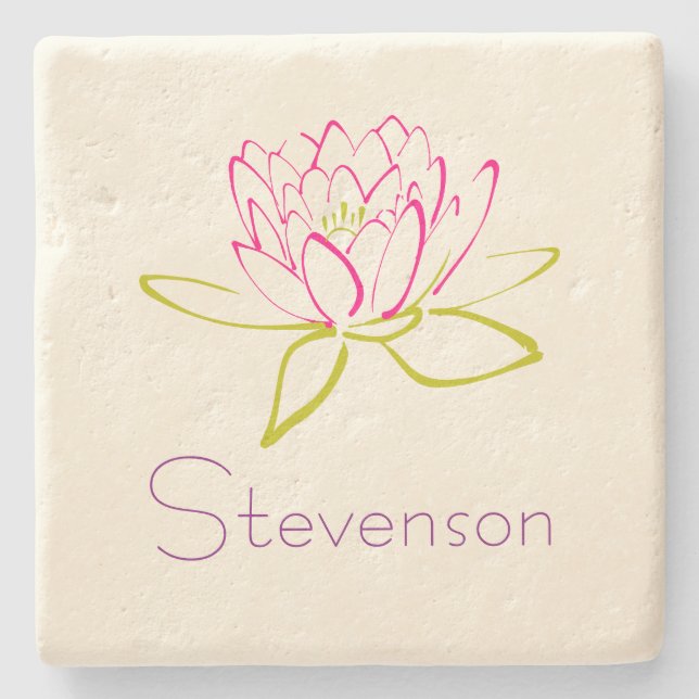 Customized Lotus Flower / Water Lily Illustration Stone Coaster (Front)