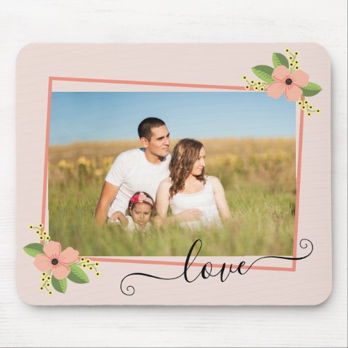 Customized Love Family Photo Coral Pink Flower Mouse Pad