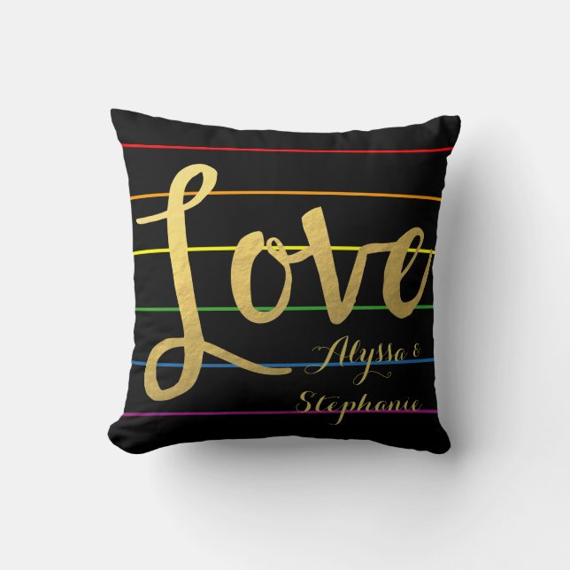 Customized Love Rainbow Pinstripe LGBT Couple Throw Pillow (Front)