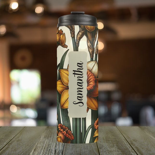 Customized March Birth Flower Skinny 16 oz Thermal Tumbler (Personalized 20 oz thermal tumbler with birth flower of the daffodil for the month of March)