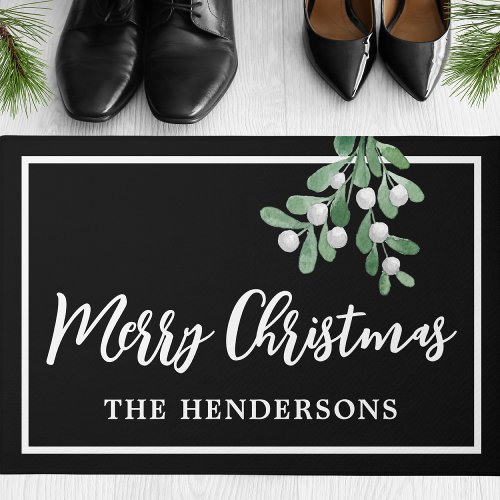 Customized Merry Christmas Holiday Black Doormat