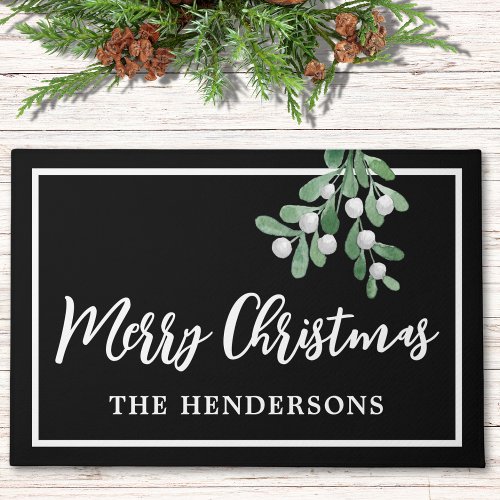 Customized Merry Christmas Holiday Black Doormat