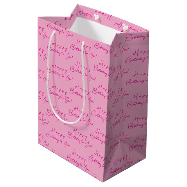 Customized Modern Fun Happy Birthday Pattern, Pink Medium Gift Bag (Back Angled)