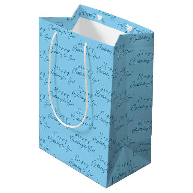 Customized Modern Happy Birthday Pattern Baby Blue Medium Gift Bag (Back Angled)