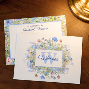 Customized Monogram Blue Floral Wildflower Note Card