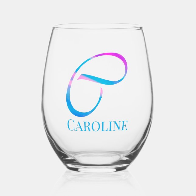 Customized Monogram "C" Name Abstract Spring Blue Stemless Wine Glass (Front)