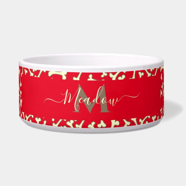 Customized Monogram Dog Bone Cartoon Red Pet  Bowl (Front)