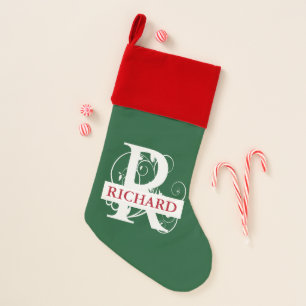Customized Monogram Letter R Green Background Christmas Stocking