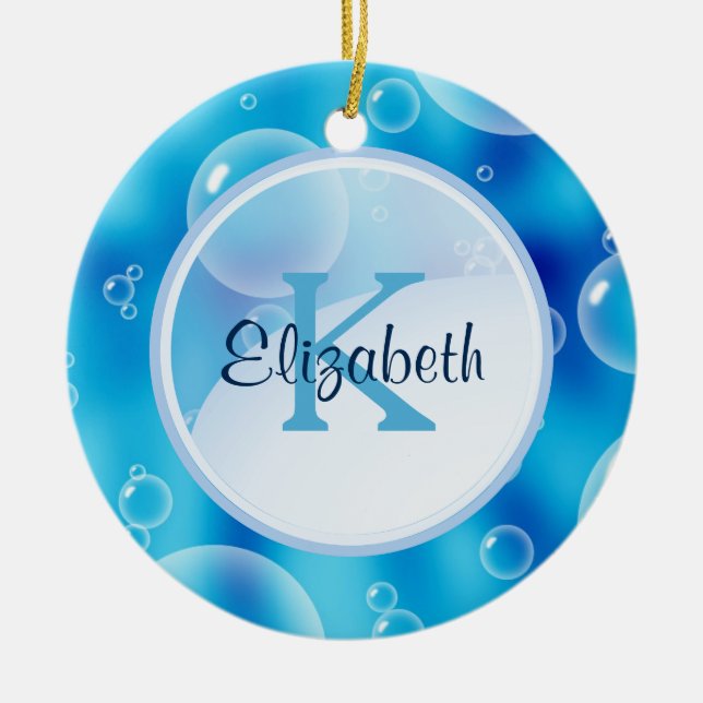 Customized Monogram on Whimsical Blue Bubbles Ceramic Ornament (Front)
