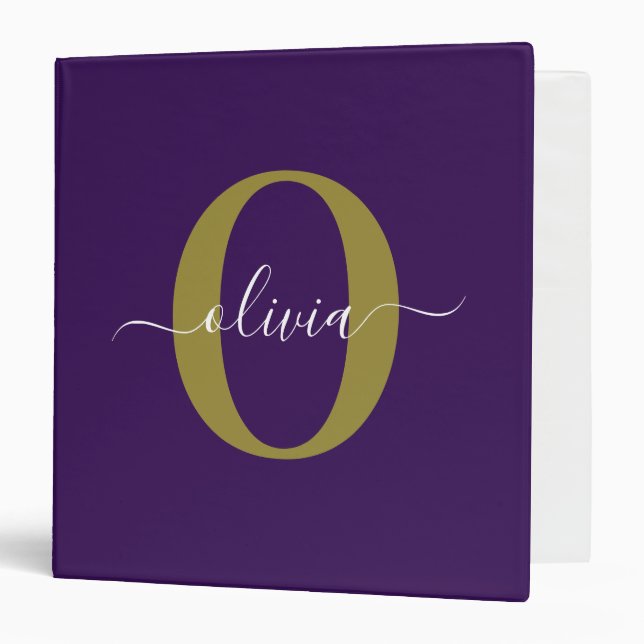 Customized Monogram Script Name Purple White Gold 3 Ring Binder (Front/Inside)