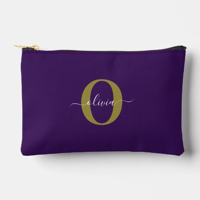 Customized Monogram Script Name Purple White Gold Accessory Pouch (Front)