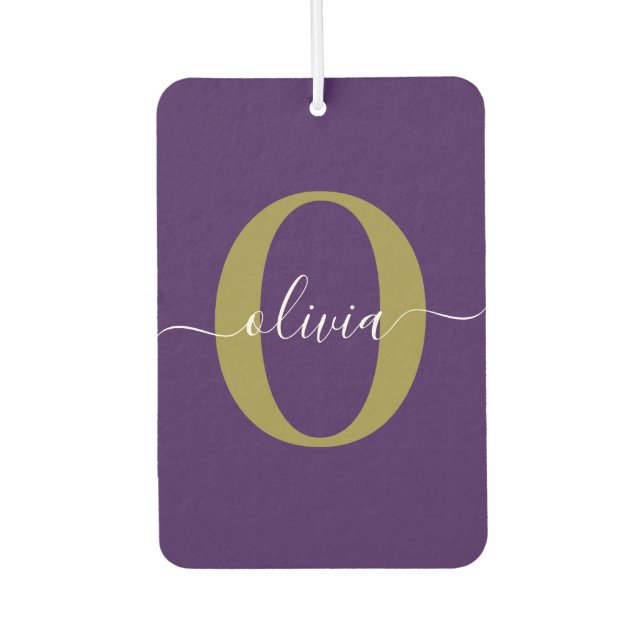 Customized Monogram Script Name Purple White Gold Air Freshener (Front)
