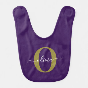 Customized Monogram Script Name Purple White Gold Baby Bib