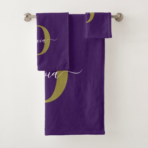 Customized Monogram Script Name Purple White Gold Bath Towel Set