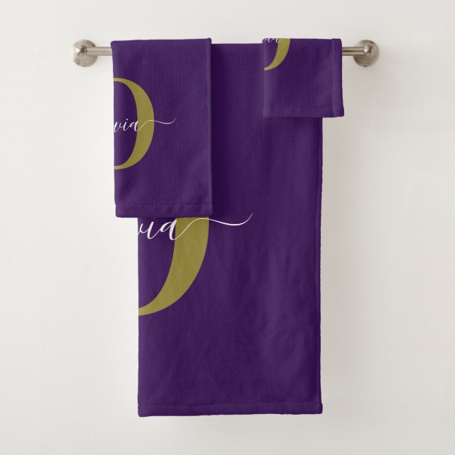 Customized Monogram Script Name Purple White Gold Bath Towel Set (Insitu)