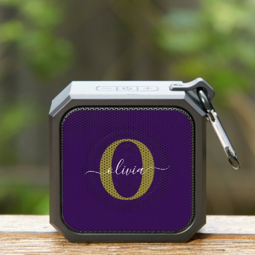 Customized Monogram Script Name Purple White Gold Bluetooth Speaker