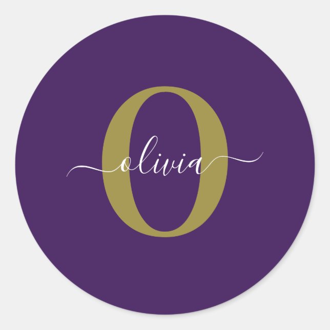 Customized Monogram Script Name Purple White Gold Classic Round Sticker (Front)