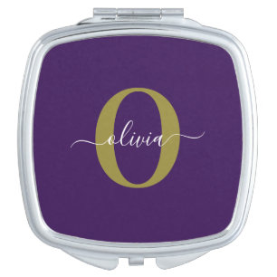 Customized Monogram Script Name Purple White Gold Compact Mirror
