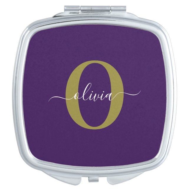 Customized Monogram Script Name Purple White Gold Compact Mirror (Front)