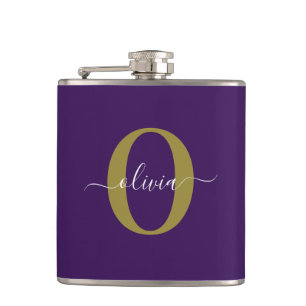 Customized Monogram Script Name Purple White Gold Flask