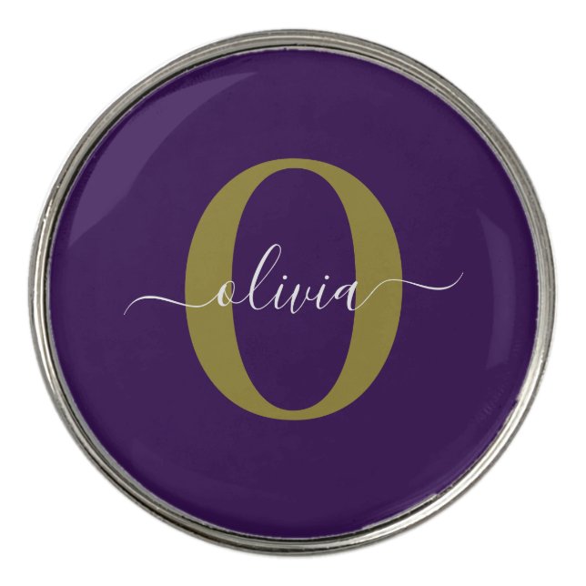 Customized Monogram Script Name Purple White Gold Golf Ball Marker (Front)