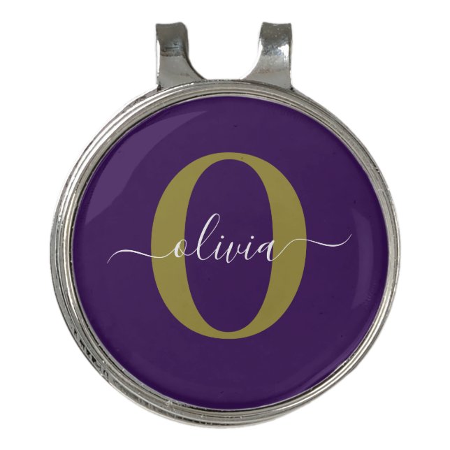 Customized Monogram Script Name Purple White Gold Golf Hat Clip (Front)