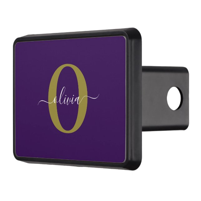 Customized Monogram Script Name Purple White Gold Hitch Cover (Left)