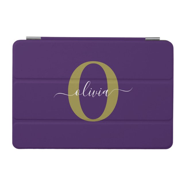 Customized Monogram Script Name Purple White Gold iPad Mini Cover (Horizontal)