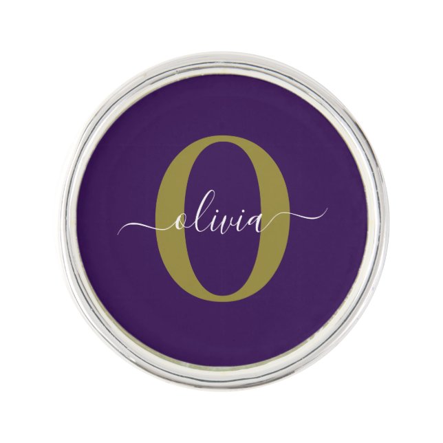Customized Monogram Script Name Purple White Gold Lapel Pin (Front)