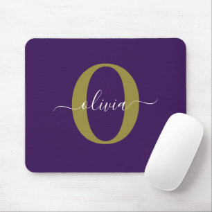Customized Monogram Script Name Purple White Gold Mouse Pad