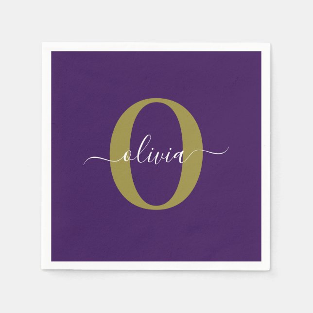 Customized Monogram Script Name Purple White Gold Napkins (Front)