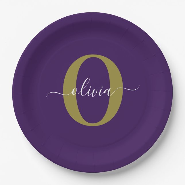 Customized Monogram Script Name Purple White Gold Paper Plates (Front)
