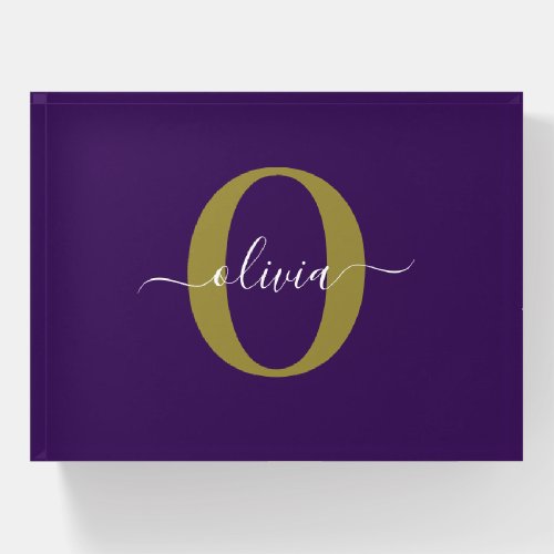 Customized Monogram Script Name Purple White Gold Paperweight