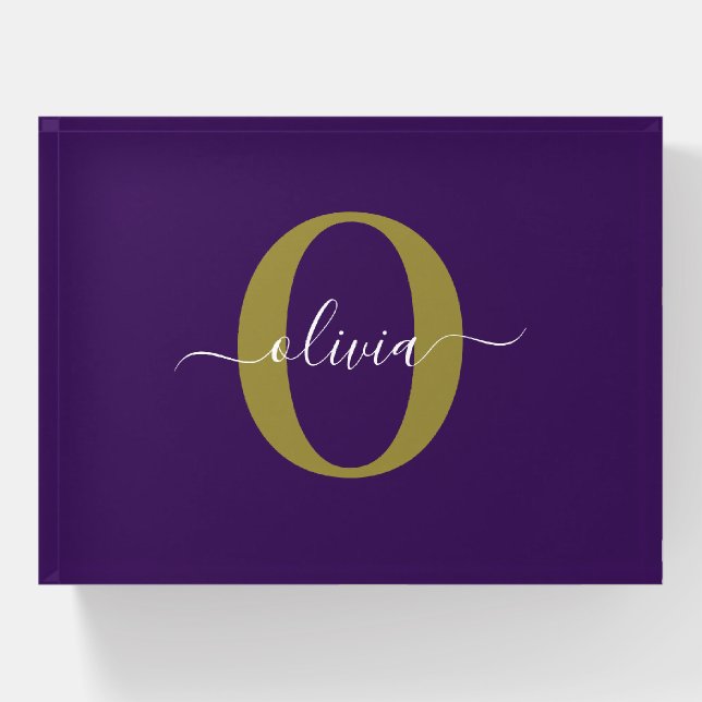 Customized Monogram Script Name Purple White Gold Paperweight (Front)