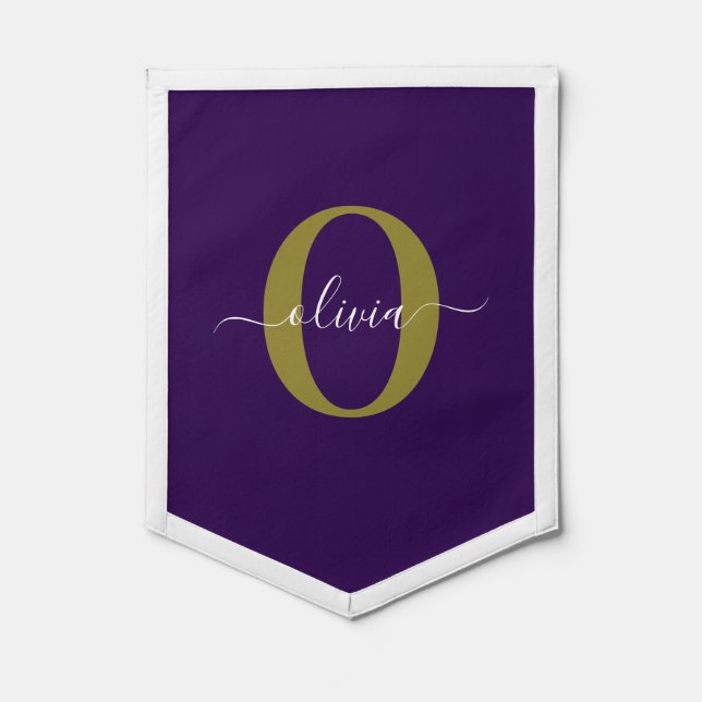 Customized Monogram Script Name Purple White Gold Pennant (Front)