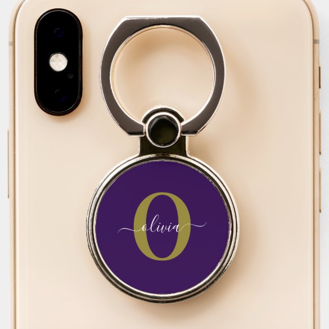 Customized Monogram Script Name Purple White Gold Phone Ring Stand (Close Up)