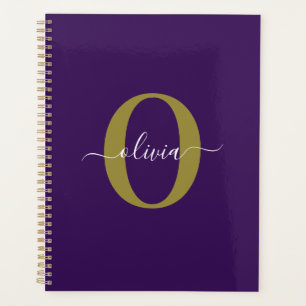 Customized Monogram Script Name Purple White Gold Planner
