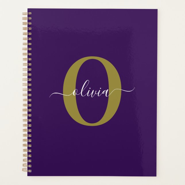 Customized Monogram Script Name Purple White Gold Planner (Front)