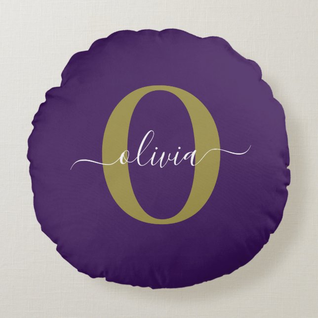 Customized Monogram Script Name Purple White Gold Round Pillow (Front)