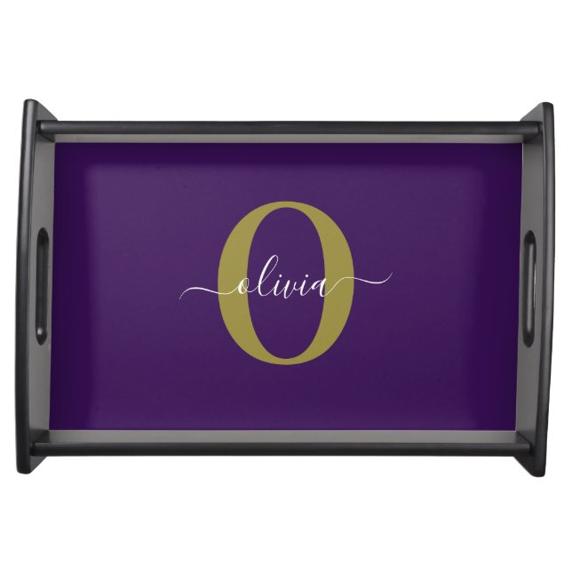 Customized Monogram Script Name Purple White Gold Serving Tray (Front)