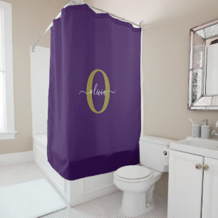 Customized Monogram Script Name Purple White Gold Shower Curtain