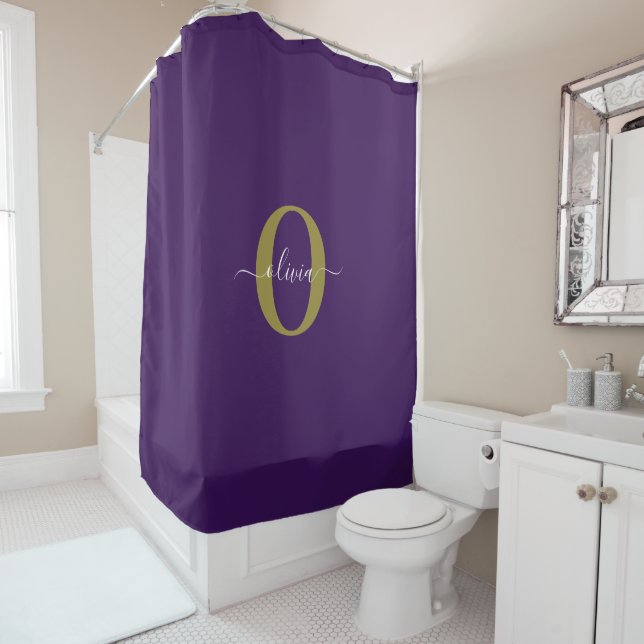 Customized Monogram Script Name Purple White Gold Shower Curtain (In Situ)