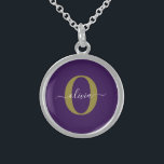 Customized Monogram Script Name Purple White Gold Sterling Silver Necklace<br><div class="desc">This elegant monogram and stylish script name design can be given as a gift for a birthday, wedding, bridal shower, anniversary, Mother's Day or any occasion. It can be personalized with the person's initial and name. You can change the font, font color, font size and background color using the Design...</div>