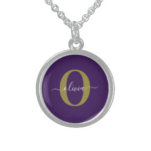 Customized Monogram Script Name Purple White Gold Sterling Silver Necklace