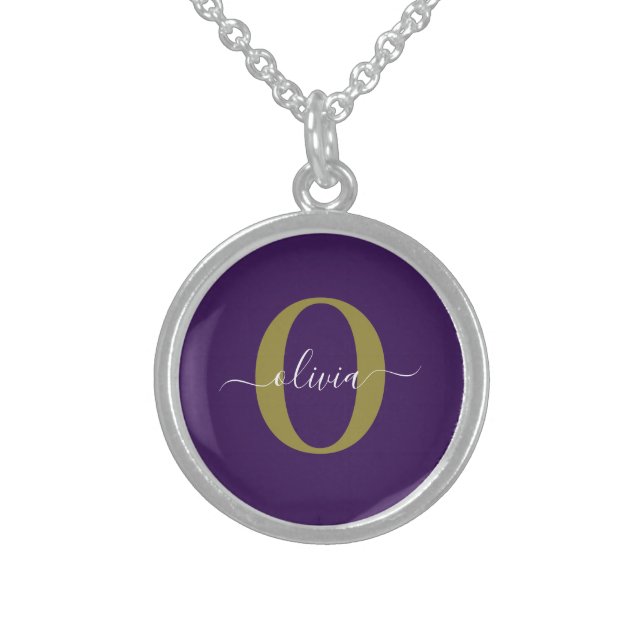 Customized Monogram Script Name Purple White Gold Sterling Silver Necklace (Front)
