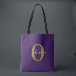 Customized Monogram Script Name Purple White Gold Tote Bag<br><div class="desc">This elegant monogram and stylish script name design can be given as a gift for a birthday, wedding, bridal shower, anniversary, Mother's Day or any occasion. It can be personalized with the person's initial and name. You can change the font, font color, font size and background color using the Design...</div>