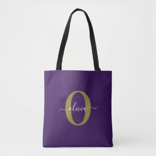 Customized Monogram Script Name Purple White Gold Tote Bag