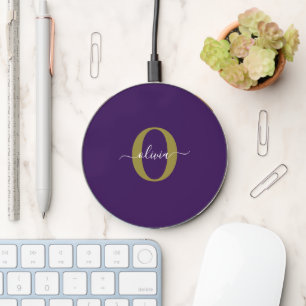 Customized Monogram Script Name Purple White Gold Wireless Charger
